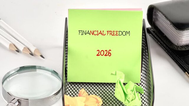 Watch as a pivotal goal for Financial Freedom 2026 emerges on a bright green sticky note, set against a calm desk backdrop, inspiring future financial prosperity and astute planning for 2026