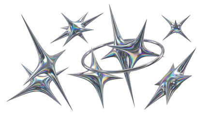 Set of abstract star variations in holographic chrome metal style with geometric spike forms © MDNANNU