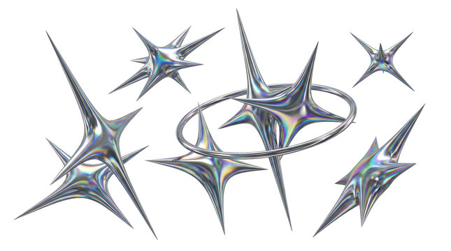 Set of abstract star variations in holographic chrome metal style with geometric spike forms