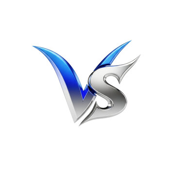 interwoven, aggressive 3d chrome logo featuring stylized 'v' (electric blue gradient) and 's' (polished silver) against a transparent backdrop with rim lighting. concept of visual tension and
