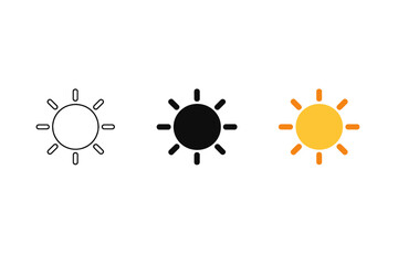 Obraz premium Three minimalist sun icons in outline, solid black, and orange styles, representing brightness and weather settings on a clean white background