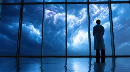 Fototapeta premium Doctor Stands by Hospital Window Watching Storm Outside, Reflecting on Patient Care During Challenging Weather Conditions in Healthcare Facility