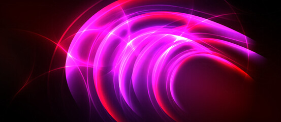Obraz premium Bright abstract lines form swirling shapes. Vivid pinks, reds create dynamic energy against dark background. Light sparkles throughout composition.
