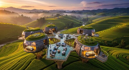 Naklejka premium Eco-friendly resort nestled in lush green terraced rice fields at sunrise, sustainable architecture