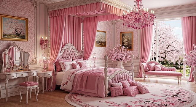 Elegant Pink Bedroom with Canopy Bed, Cherry Blossoms, and Vanity