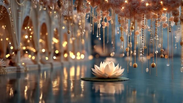 Elegant lotus flower floating on water with decorative lights and reflections