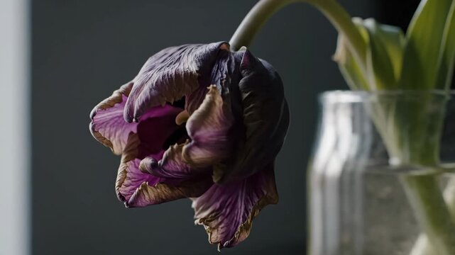 Cinematic shot of a withered purple tulip in a glass vase, evoking a moody and melancholic atmosphere of aging and natural decay