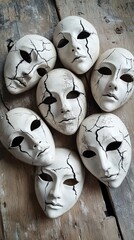 Cracked White Masks Clay Texture Black Lines Artistic Mysterious Theme