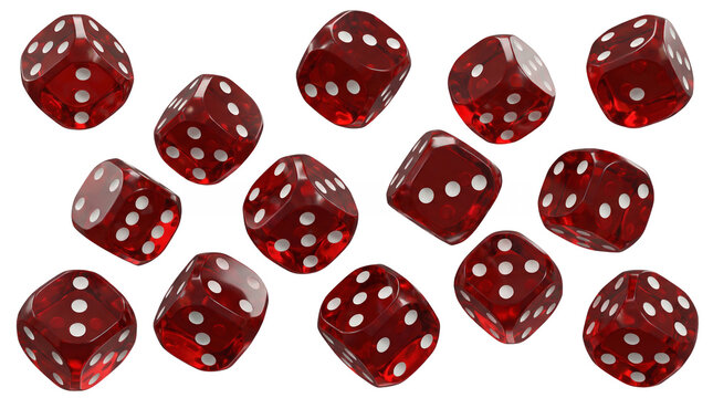 Floating red translucent dice set in 3D glass style with white pips on white background