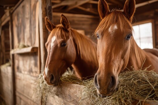 Equine companionship: two horses nibbling hay in a wooden stall