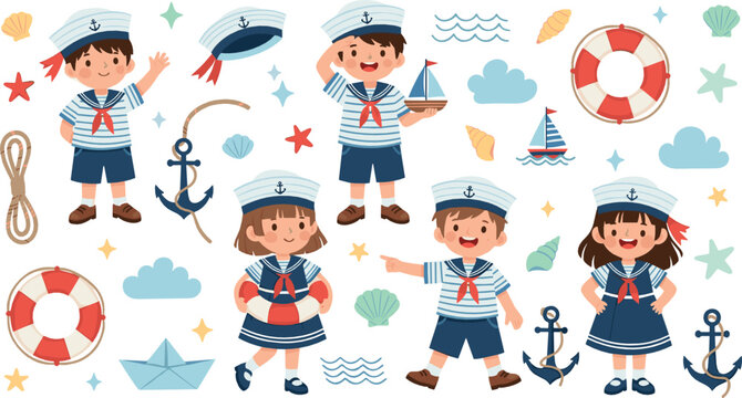 Cute Kids Sailor Vector Set with Nautical Clothing, Anchors, Lifebuoy, Paper Boats, Sea Elements and Happy Cartoon Children Characters