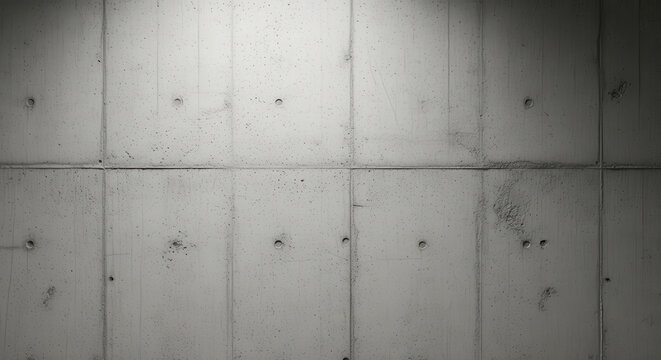 Raw gray concrete wall texture with vertical seams and circular formwork holes illuminated by a soft overhead light creating a minimalist industrial architectural background