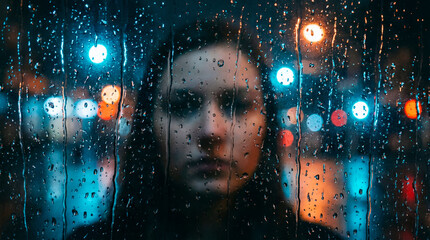 Woman standing by wet glass with raindrops in urban setting - Concept of Quiet Solitude Rainy Urban Scenes