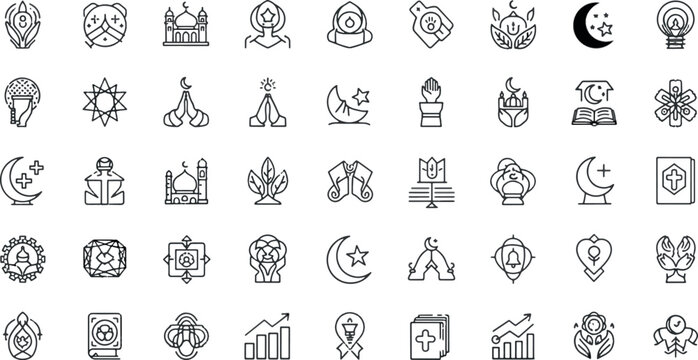 Islamic spirituality and meditation icons set featuring praying people, sufism symbols, crescent moon, and religious growth infographics in thin line style.