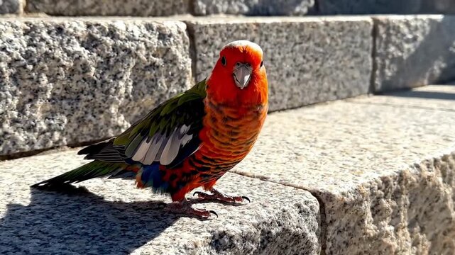 eastern rosella. A vibrant parakeet stands on a stone surface, showcasing its colorful feathers in brilliant shades of green, red, and blue, capturing a moment in nature's beauty
