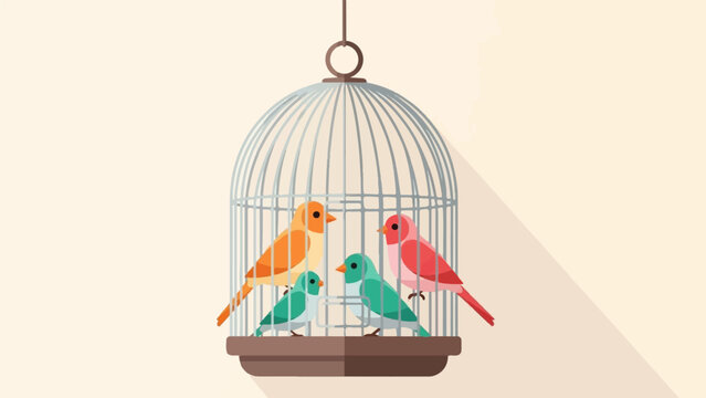 Flat design of four colorful birds in a cage