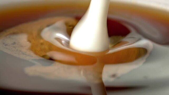 closeup slow-motion video oat milk being poured into black coffee intricate swirling patterns. Macro lens focus fluid motion, high detail of cream mixing coffee, realistic textures, warm lighting