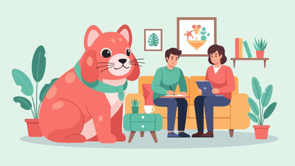 Fototapeta premium Flat illustration of a dog therapist with clients in a living room
