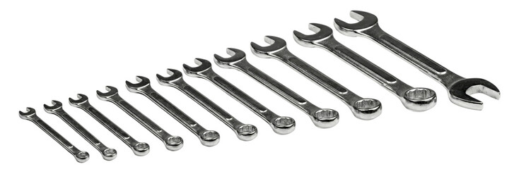 Set of Combination Wrenches Lying on White Background