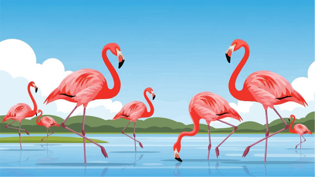 Flock of pink flamingos wading in shallow blue water, grassy shore, hills, blue sky