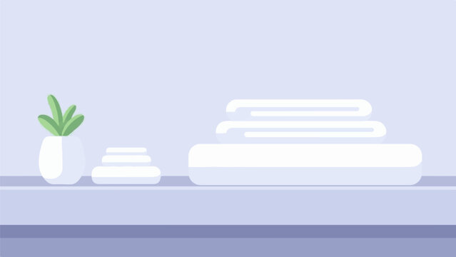 Flat illustration of a small plant and stacked white towels on a shelf