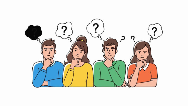 Four diverse individuals ponder with thought bubbles expressing inquiry and confusion