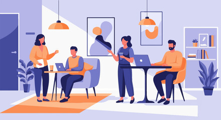 Fototapeta premium Four people in an office space working and interacting with each other