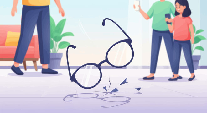 Glasses fall and shatter on the floor as people stand nearby