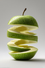 surreal concept featuring a green apple with an upward spiraling staircase carved inside as a metaphor for personal growth against a solid light grey background.