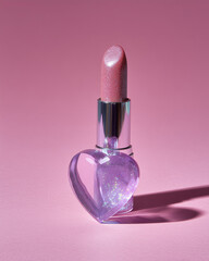 Valentine's Day concept featuring a pastel pink lipstick bullet piercing a translucent lavender heart crystal against a solid fuchsia background.