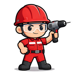 Fototapeta premium Cartoon CHIBI style construction worker. Active working posture. Ideal icon for logo, badge, branding, company mascot.