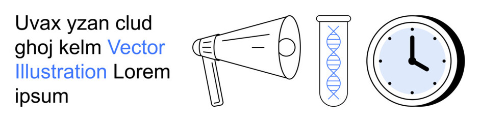 Science, communication, time management, biotechnology, genetics, visual learning. Features megaphone, DNA helix clock. Science and communication concept