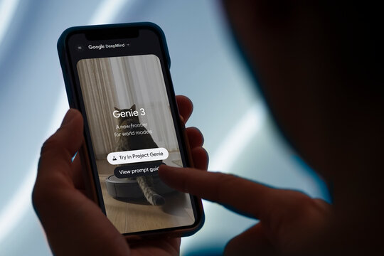Guilherand-Granges, France - January 30, 2026. Google DeepMind Genie 3 is an advanced generative AI model released in 2026 that creates interactive 3D worlds from text and image prompts.