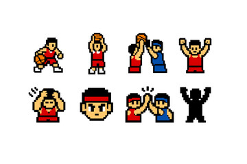 Fototapeta premium Pixel art basketball player sprite set showing dribbling, shooting, dunking, cheering, high-fiving, facial portrait, and silhouette celebration poses