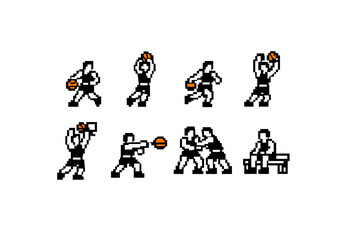 Fototapeta premium Pixel art basketball player sprite sheet showing dribbling, shooting, passing, defending, dunking, and bench sitting animation frames