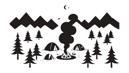 Tents and a campfire are set up in a forest at night.