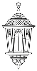 Ornate Hanging Lantern Line Art Illustration, Detailed Vintage Design, Decorative Lamp