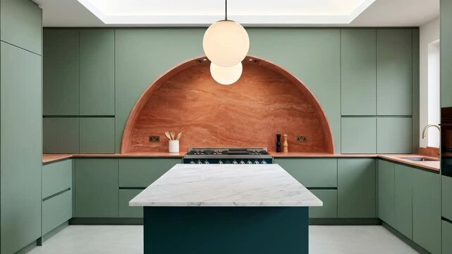 A kitchen showcases a blend of modern cabinets and a large island. Unique lighting highlights the wooden feature wall while the space is organized for cooking and dining