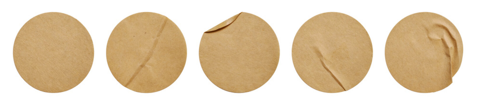 Set of Blank Round Kraft Paper Stickers with Texture and Peeling Corners Isolated on White Background