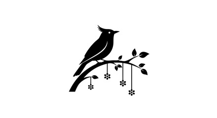 Fototapeta premium Vector illustration of a black bird silhouette perched on a winter tree branch featuring a detailed beak and wing design for wildlife nature art