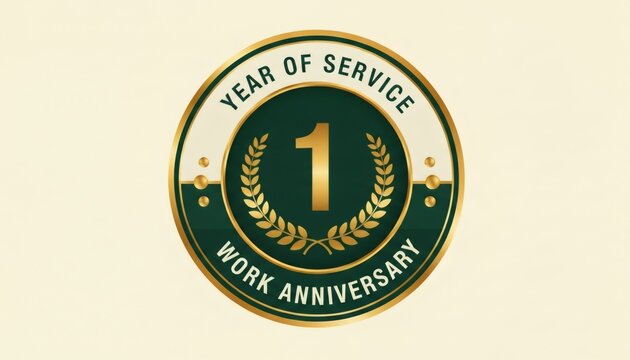 Gold and green 1 year work anniversary badge for employee recognition reward
