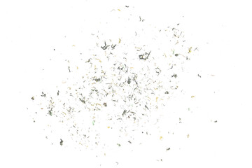 Black eraser scrap, shavings pattern isolated on white background, top view, clipping path