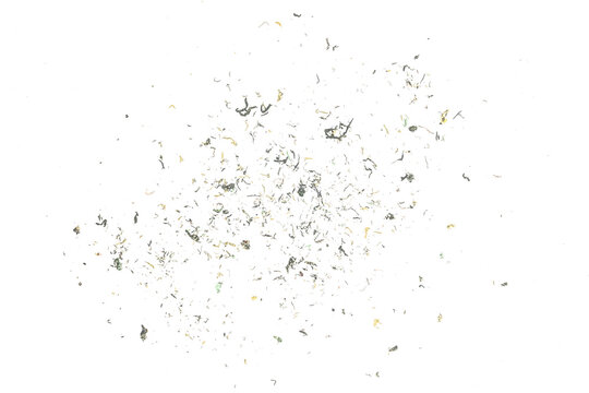 Black eraser scrap, shavings pattern isolated on white background, top view, clipping path