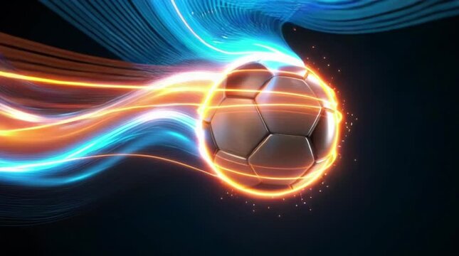 A soccer ball flies over the green grass in colored flames.