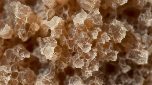 A close-up view of a brown, porous, crystalline substance with a honeycomb-like structure