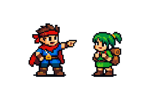 Pixel art fantasy adventurers facing each other, heroic male pointing and green-haired female ranger with backpack, isolated retro game character sprites