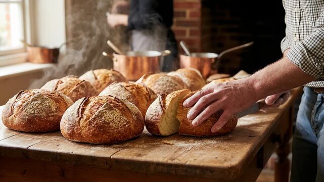 A baker cuts through freshly baked loaves of bread on a wooden table. The cozy kitchen setting features warm light, creating a homely atmosphere while bread cools nearby