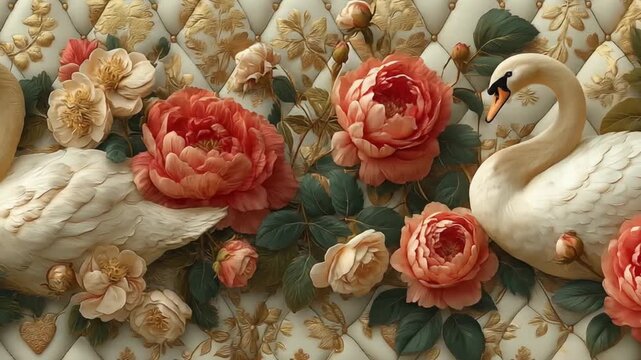 Elegant swans and roses composition decorative floral elements