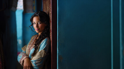 Fototapeta premium moroccan woman wearing traditional keftan, elegant moroccan female in colorful dress, joyful woman showcasing moroccan culture