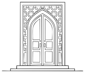 Fototapeta premium Ornate Archway with Double Doors and Geometric Pattern, Traditional Architecture Outline, Entrance